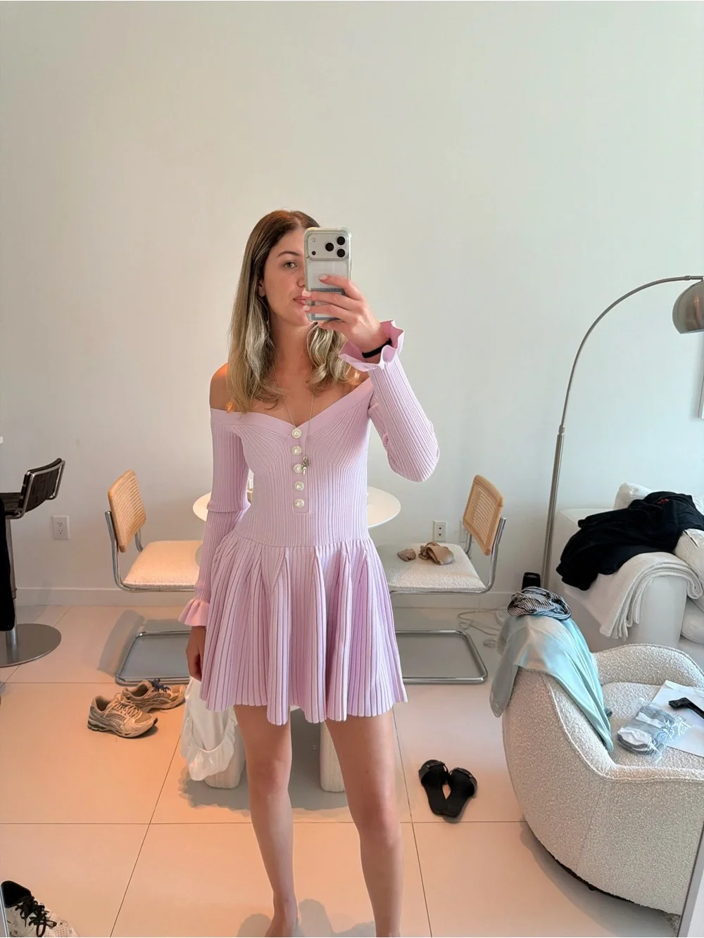 Self-Portrait Off-the-Shoulder Pleated Mini Dress in Light Lavender